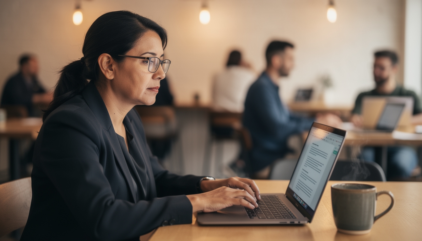 Persona redactando mensaje asíncrono en laptop con taza de café