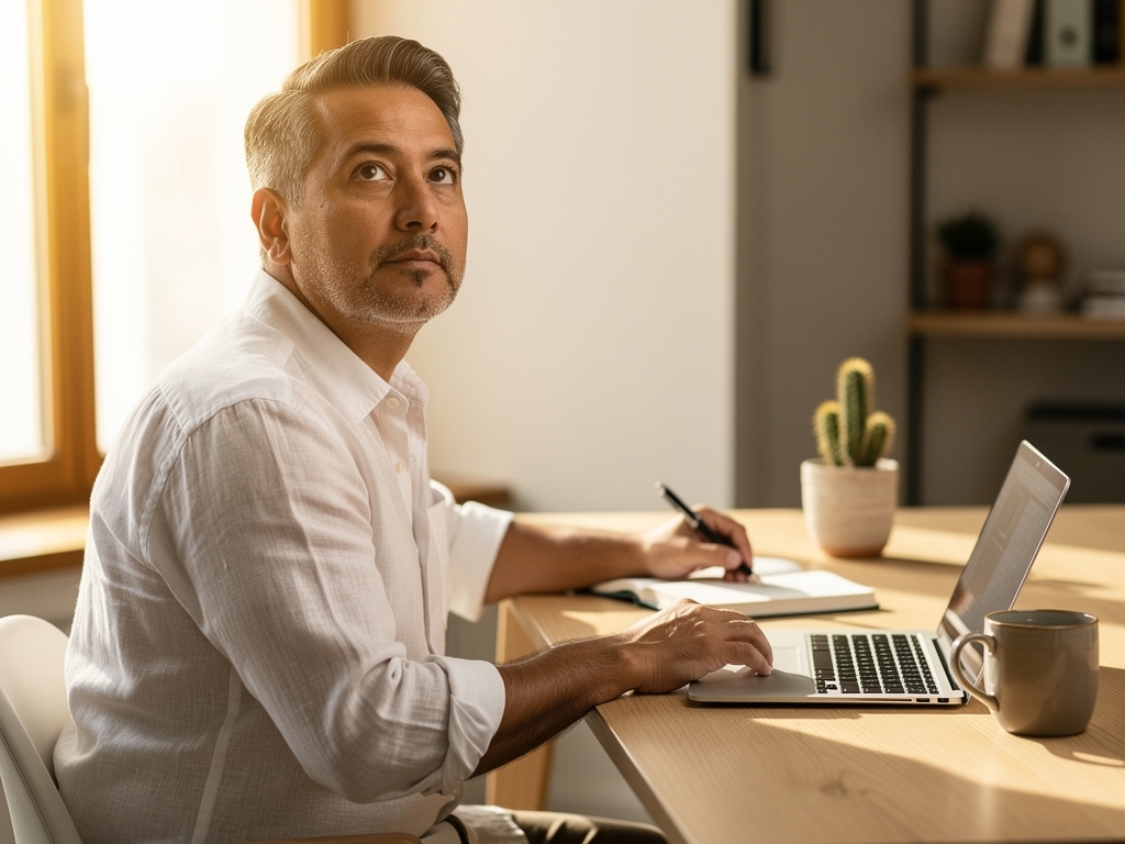 Persona trabajando con calma desde casa en un entorno bien organizado y luminoso