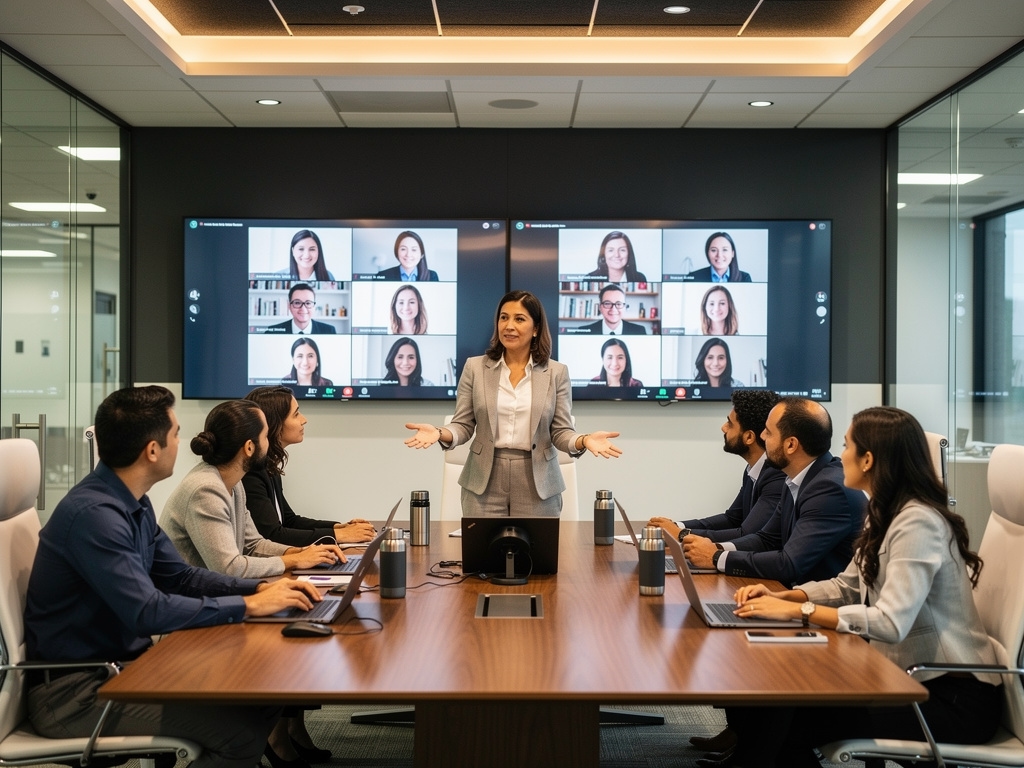 Sala de reuniones con personas presenciales y pantallas con participantes remotos conectados