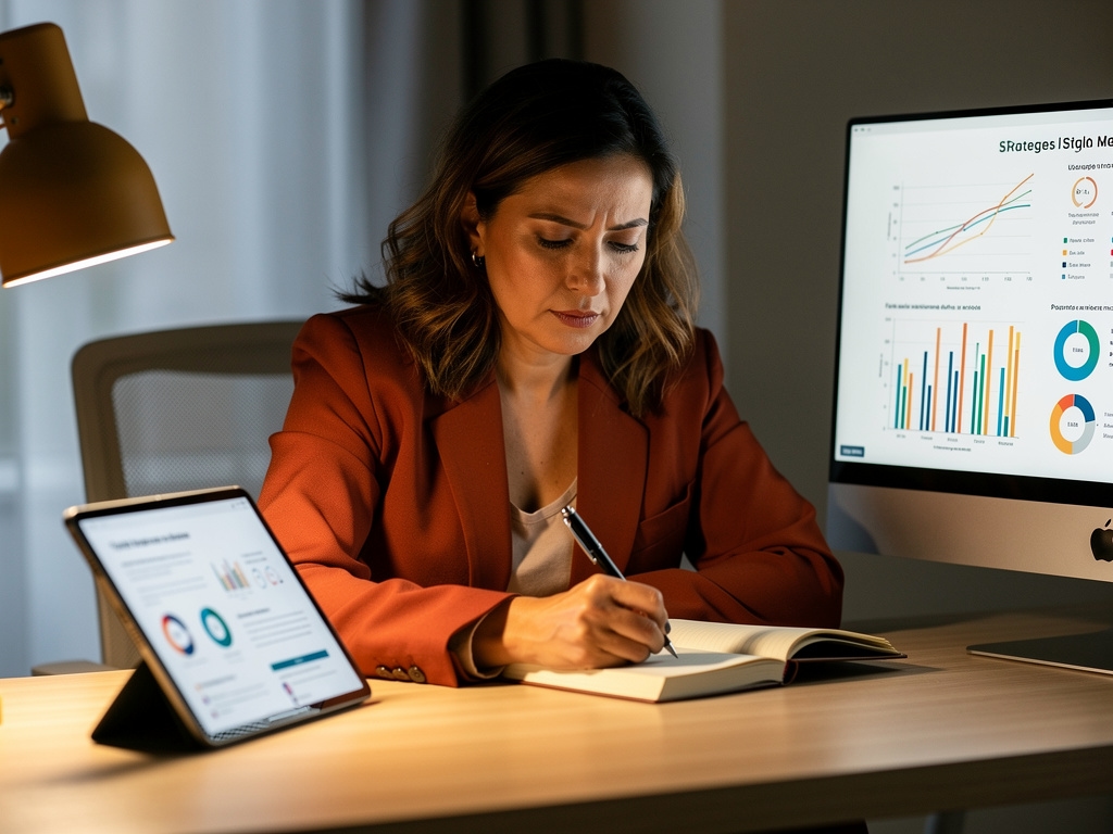 Profesional tomando notas en cuaderno mientras revisa contenido en pantalla en espacio de trabajo moderno