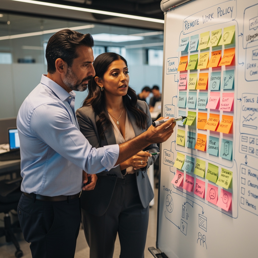 Equipo discutiendo estrategia de trabajo remoto en pizarrón con post-its y diagramas